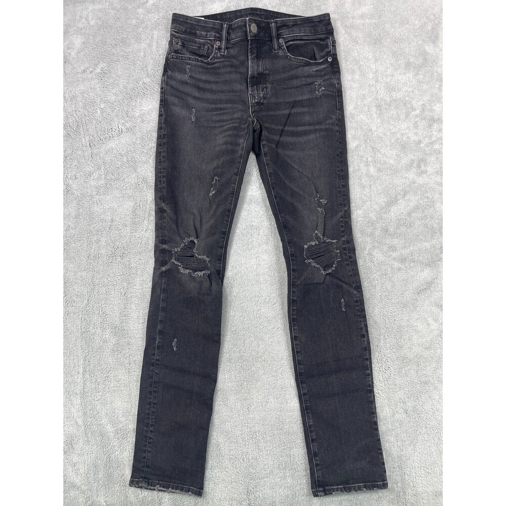 American Eagle Outfitters Mens 30x34 Black Denim Stretch Distressed Straight Leg